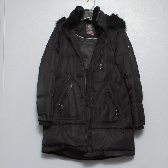 Vince Camuto down filled black long lined faux fur hooded coat - Picture 1 of 6